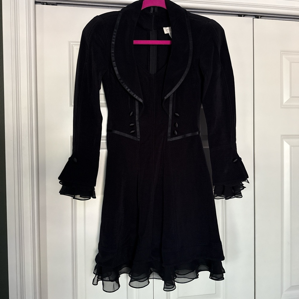 VINTAGE Cache Black Long Sleeve Double Breasted Dress ruffle trim